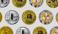 Crypto currency coins pattern isolated on silver background, bitcoin, silver and golden cryptocurrency coin