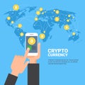 Crypto Currency Concept Hand Holding Smart Phone Over Golden Bitcoins On World Map Modern Digital Money Growth Royalty Free Stock Photo