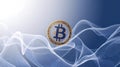 Crypto Currency Concepts - Bitcoin Coin Floating Against Blue Background With Flowing Digital Wave Patterns Royalty Free Stock Photo