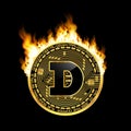 Crypto currency dogecoin golden symbol on fire