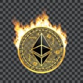 Crypto currency ethereum golden symbol on fire