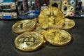 Crypto currency Gold Bitcoins - BTC - Bit Coin. Macro shots crypto currency Bitcoin coins. Royalty Free Stock Photo