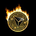 Crypto currency tron golden symbol on fire