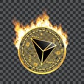 Crypto currency tron golden symbol on fire