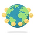 Crypto currency golden coins around the Earth