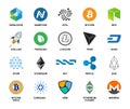 Crypto currency icon big set flat logo isolated on white background. Main blockchain cryptocurrencies collection for