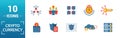 Crypto Currency icon set. Include creative elements decentralized, encrypted, ethereum wallet, node, halving icons. Can be used