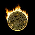 Crypto currency iota golden symbol on fire