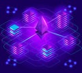 Crypto-currency isometry, bright holographic lighting effects, blockage stack, Ethereum platform, exchange,