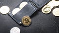 Crypto-currency: Leather wallet with metal bitcoin coins