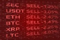 Crypto Currency market panic sell concept. Double exposure of digital coins price drop and binary data background.