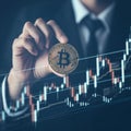 Crypto forecast Investor holding bitcoin, analyzing bearish downtrend graph