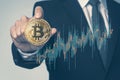 Crypto forecast Investor holding bitcoin, analyzing bearish downtrend graph