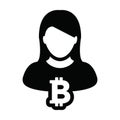 Crypto icon vector bitcoin digital currency symbol with female person profile avatar for wallet in a glyph pictogram