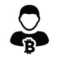 Crypto icon vector bitcoin digital currency symbol with male person profile avatar for wallet in a glyph pictogram
