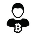 Crypto icon vector bitcoin digital currency symbol with male person profile avatar for wallet in a glyph pictogram