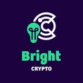 Crypto logo combination with light bulb on dark background.