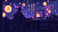 Crypto Market Excitement. Futuristic Digital Art of Trader Analyzing Data with Bitcoin Symbols. Concept of Financial