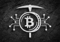 Crypto mining bitcoin circuit and pickaxe symbol made of stone and dark wall background