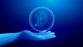 Crypto safe lock digital data cyber technology bank protect isometric concept. Digital polygonal hand presenting glowing Bitcoin