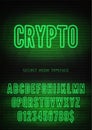 Crypto sign and green neon hollow font with numbers on vector dark brick background. Mysterious night light alphabet