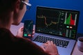 crypto trader analyzing live cryptocurrency and stock charts on smartphone