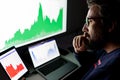 Crypto trader investor analyst looking at computer screen analyzing financial graph data on pc