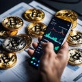 Crypto trader investor broker holding finger using cell phone app