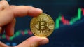 Crypto trader investor holding Bitcoin coin.