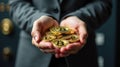Crypto trader investor holding collection of Bitcoin coins