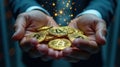 Crypto trader investor holding collection of Bitcoin coins
