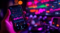 Crypto Trader Investor Using Mobile Phone App with Stock Market Trading Charts on Screen, Close Up