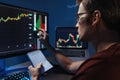 Crypto trader making technical analysis to identify and predict trends in value changes of currency