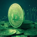 Crypto wealth Coins with bitcoin symbol on a green background