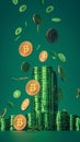 Crypto wealth Coins with bitcoin symbol on a green background