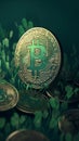 Crypto wealth Coins with bitcoin symbol on a green background