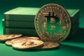 Crypto wealth Coins with bitcoin symbol on a green background