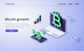 Cryptocoin mining farm layout. Cryptocurrency and blockchain network business isometric vector illustration. Crypto.