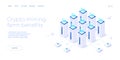 Cryptocoin mining farm layout. Cryptocurrency and blockchain network business isometric vector illustration. Crypto currency