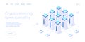 Cryptocoin mining farm layout. Cryptocurrency and blockchain network business isometric vector illustration. Crypto currency