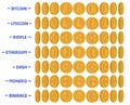 Cryptocurrencies Coins Cartoon Vector Set. Bitcoin, Litecoin, Ripple And Etherium. Dash, Monero Digital Or Binance