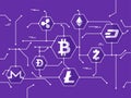 Cryptocurrencies network on purple background.