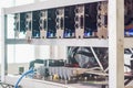 Cryptocurrency background mining rig, Close up of array of GPU Royalty Free Stock Photo