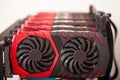 Cryptocurrency background mining rig, Close up of array of GPU