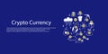 Cryptocurrency banner. Bitcoin lending page. Line financial objects, outline crypto coins, blockchain technology. Mining, exchange