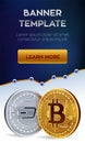 Cryptocurrency banner template. Bitcoin. Dash. 3D isometric Physical bit coins. Golden bitcoin and siver Dash coins. Stoc