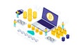 Cryptocurrency, bitcoin, blockchain, mining, technology, internet IoT, security, dashboard isometric 3d flat illustration vector Royalty Free Stock Photo