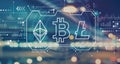 Cryptocurrency - Bitcoin, Ethereum, Litecoin with blurred city lights