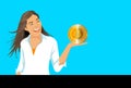 Cryptocurrency bitcoin gold medals. woman holds a cryptocurrency symbol in her hand. electronic virtual money for web banking and