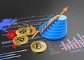 Cryptocurrency Bitcoin growing chart and virtual financial banking crypto currency market exchange 3D Royalty Free Stock Photo